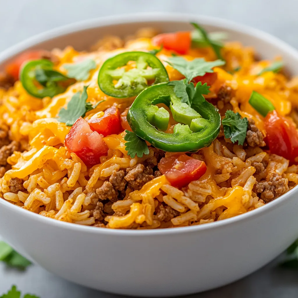 Cheesy Taco Rice Delight is a dish that celebrates the beloved flavors of tacos while weaving in the heartiness of rice. It's a perfect blend of savory ingredients that makes it comforting and satisfying. The hallmark of this recipe lies in its ability to bring together aromatic sautéed onions and garlic, perfectly cooked ground meat, and creamy melted cheese that joins the ensemble to create a delightful experience.