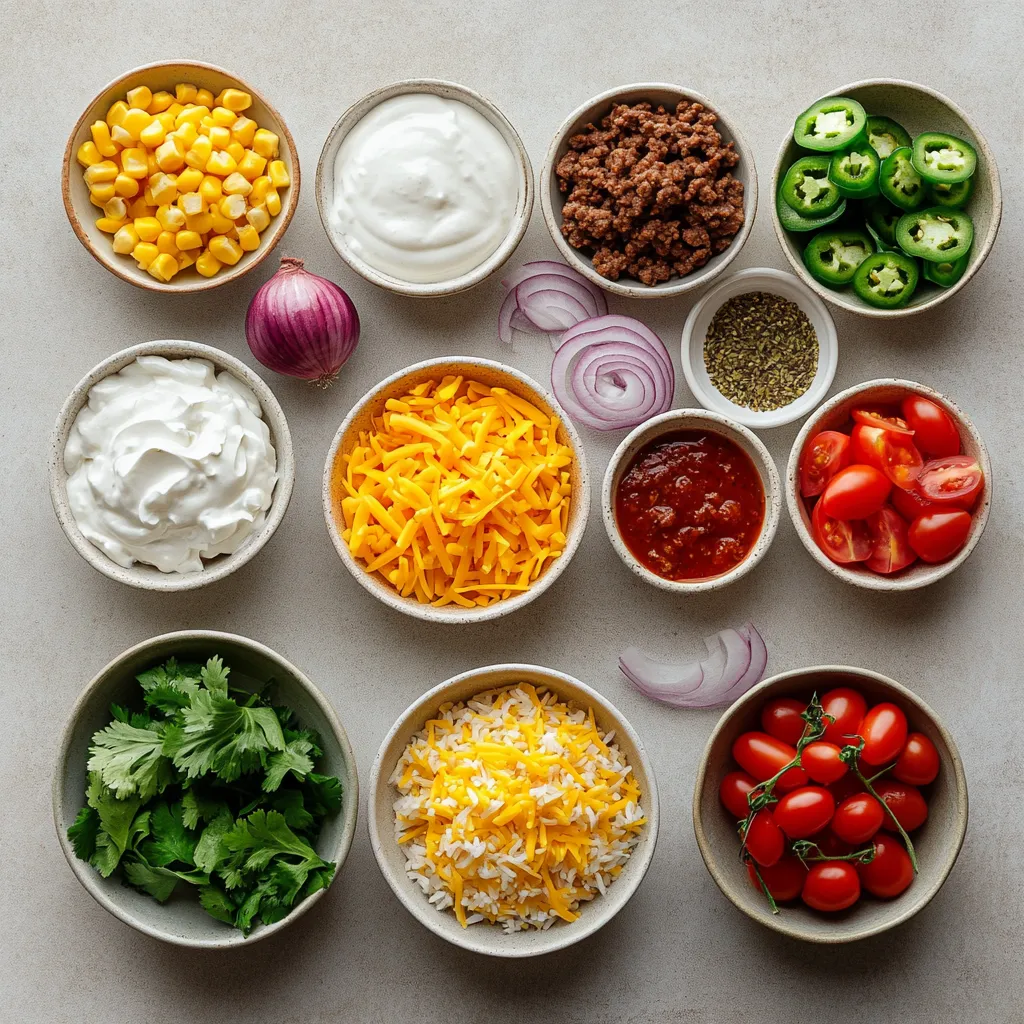 Cheesy Taco Rice Delight is a dish that celebrates the beloved flavors of tacos while weaving in the heartiness of rice. It's a perfect blend of savory ingredients that makes it comforting and satisfying. The hallmark of this recipe lies in its ability to bring together aromatic sautéed onions and garlic, perfectly cooked ground meat, and creamy melted cheese that joins the ensemble to create a delightful experience.