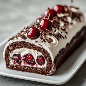 The Elegant Black Forest Cake Roll is a delightful fusion of rich chocolate, luscious cherries, and creamy whipped topping. This dessert embodies the essence of the classic Black Forest cake but presents it in an innovative rolled format. Perfect for special occasions or a sweet indulgence, this cake roll is both beautiful and delicious. As you slice through the cake, you’ll reveal a swirl of decadent chocolate sponge intertwined with fluffy frosting and sweet fruit filling, making it a favorite among dessert lovers.