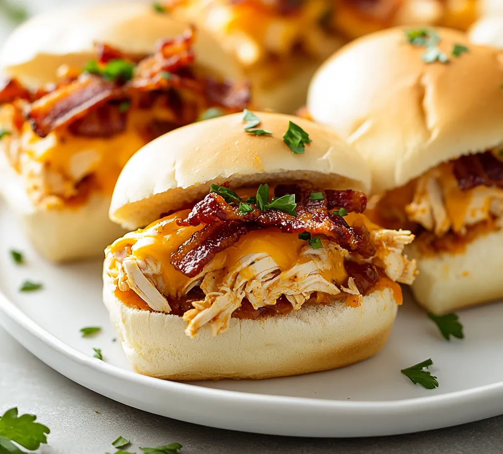 Bacon Ranch BBQ Chicken Sliders are the ideal fusion of flavors and textures that make any gathering a celebration. This recipe combines tender, shredded chicken infused with tangy BBQ sauce and ranch seasoning, layered with crispy bacon and sharp cheddar cheese—all nestled in soft slider buns. Each bite delivers comforting flavors reminiscent of backyard barbecues and family gatherings, each slider packed with smoky, tangy, and creamy goodness.