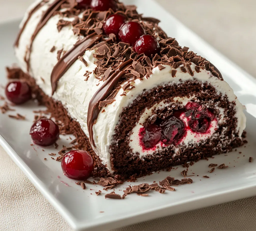 The Elegant Black Forest Cake Roll is a delightful fusion of rich chocolate, luscious cherries, and creamy whipped topping. This dessert embodies the essence of the classic Black Forest cake but presents it in an innovative rolled format. Perfect for special occasions or a sweet indulgence, this cake roll is both beautiful and delicious. As you slice through the cake, you’ll reveal a swirl of decadent chocolate sponge intertwined with fluffy frosting and sweet fruit filling, making it a favorite among dessert lovers.
