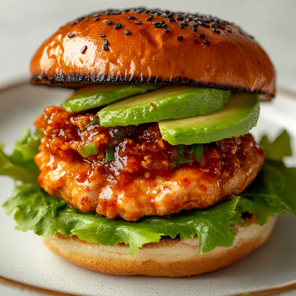 Spicy Gochujang Chicken Burgers with Kimchi Jam offer a tantalizing twist on a classic burger. Combining the savory essence of ground chicken with the fiery kick of gochujang, this dish fuses Korean flavors with a Western favorite, creating a unique culinary experience. Each bite reveals the delicious interplay between spicy, savory, and tangy notes, making it an irresistible option for any meal occasion.