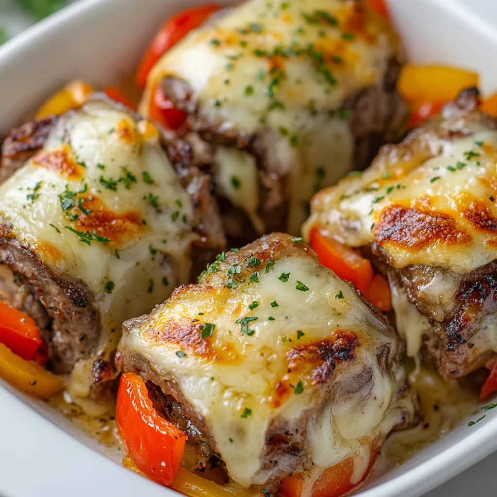 Melt-In-Your-Mouth Keto Philly Cheesesteak Roll-Ups offer a delectable take on the beloved classic, perfectly tailored for those committed to a low-carb lifestyle. These roll-ups showcase tender, flavorful ribeye steak paired with sautéed onions and bell peppers, enveloped in a rich and creamy provolone filling. The result is a satisfying dish that is not only delicious but also aligns seamlessly with keto dietary preferences. Served warm, these roll-ups are ideal for busy weeknight dinners or as an impressive dish for small gatherings and potlucks.