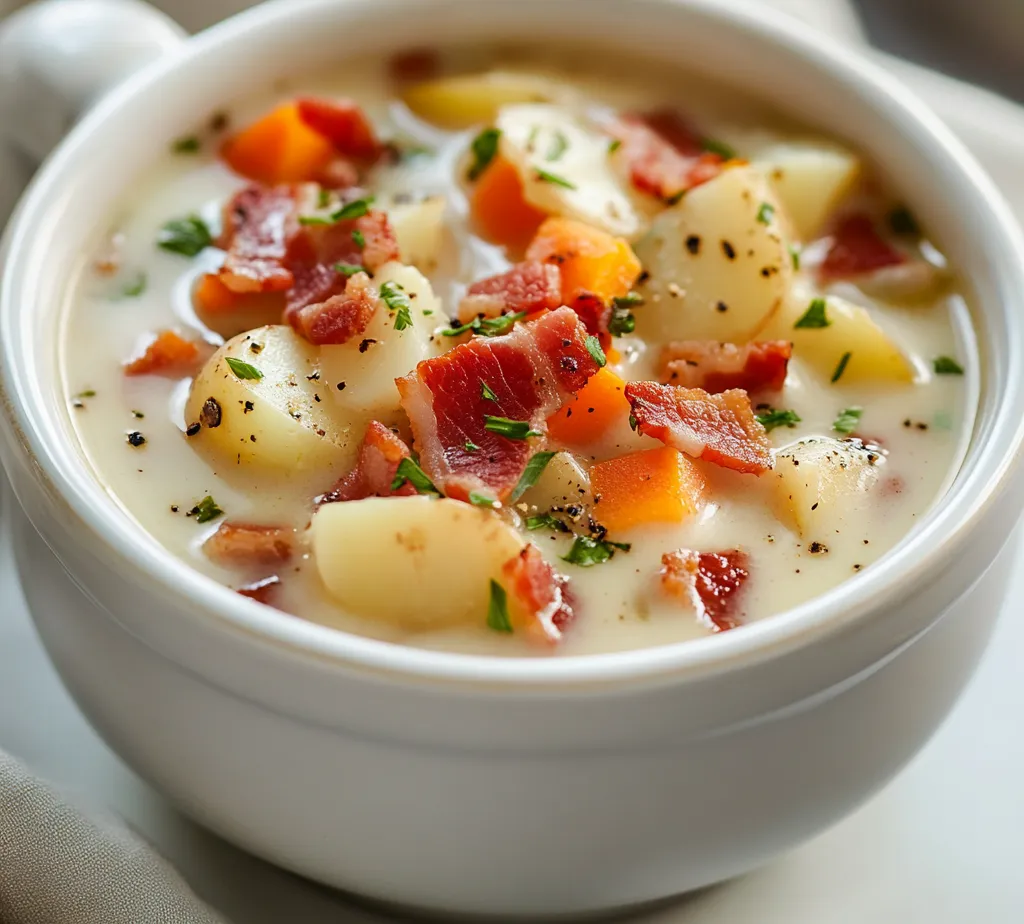 Explore the comforting flavors of a classic Hearty Slow Cooker Potato Bacon Chowder that brings together the richness of bacon, the heartiness of potatoes, and the creaminess of milk. This easy-to-make recipe is perfect for cozy family dinners or as a satisfying dish for a gathering, allowing you to taste a bowl of warmth with every spoonful. The savory combination of ingredients creates a deliciously satisfying experience that will leave everyone asking for seconds.