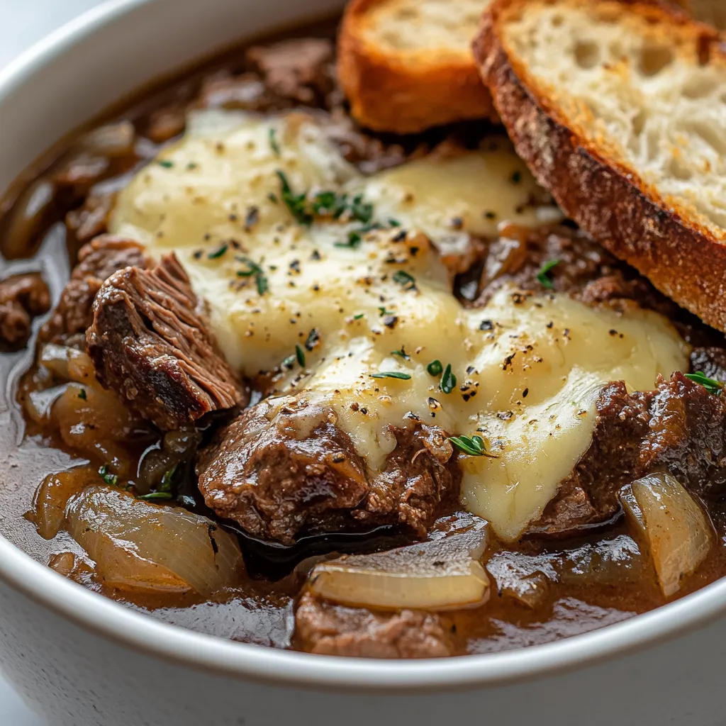 Savory French Onion Beef Stew is a dish that embodies warmth and comfort, perfect for chilly evenings or gatherings with friends and family. With tender chunks of beef swimming in a rich broth infused with caramelized onions, garlic, and seasonings, this stew is a heartwarming classic that brings together robust flavors in every bite. The addition of melted cheese bread elevates the experience, providing a delightful crunch and indulgent richness that complements the stew's savory profile beautifully.