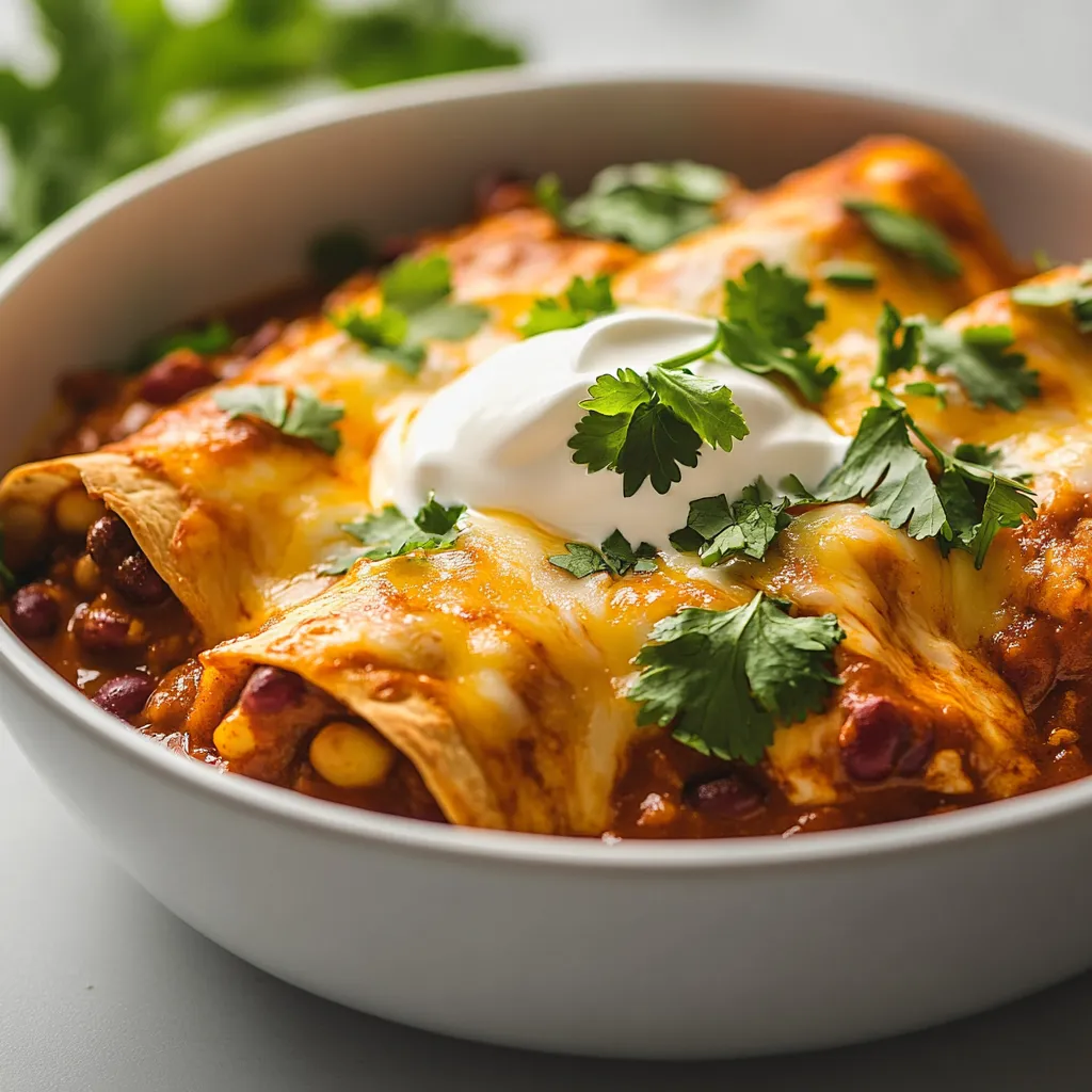 Cheesy Bean Bliss Enchiladas are a delightful and hearty dish, packed full of flavors that make for an unforgettable meal. This recipe combines the rich earthiness of black beans with the creamy texture of refried beans, all enveloped in soft corn tortillas and topped with a melty layer of cheese. The use of spices like cumin and chili powder adds depth and warmth, enhancing the overall taste profile. These enchiladas not only shine as a comforting dinner option but can also be dressed up for gatherings, potlucks, or even casual family meals.