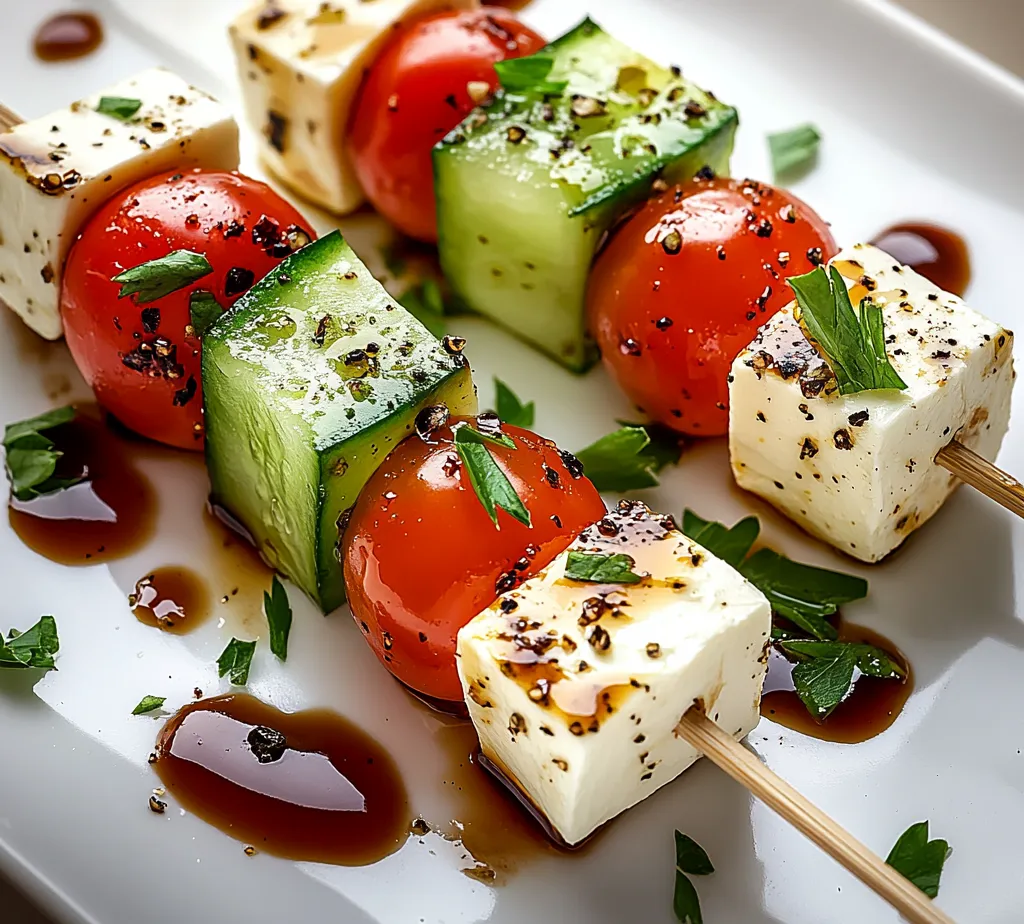 Exploring the delightful world of appetizers, Feta and Cucumber Skewers offer a refreshing blend of flavors and colors. This dish is perfect for summer gatherings, picnics, or even as a healthy snack. The combination of creamy feta cheese, crunchy cucumber, juicy cherry tomatoes, and vibrant red bell pepper creates an irresistible treat that is not only satisfying but also visually appealing. The freshness of the vegetables combined with the tangy feta provides an exquisite taste that tantalizes the palate, making these skewers an excellent option for entertaining guests or simply enjoying a light meal.