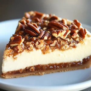 The Pecan Pie Cheesecake Delight is a sumptuous dessert that perfectly marries the creamy richness of traditional cheesecake with the sweet, nutty flavor of pecan pie. This delightful combination features three distinct layers: a crunchy graham cracker crust, a creamy cheesecake filling, and a luscious pecan topping. With its appealing textures and rich flavors, this dessert tantalizes the taste buds and creates an experience that is both comforting and indulgent. It is ideal for gatherings and special occasions, making a stunning centerpiece while adding a touch of elegance to any dessert table.