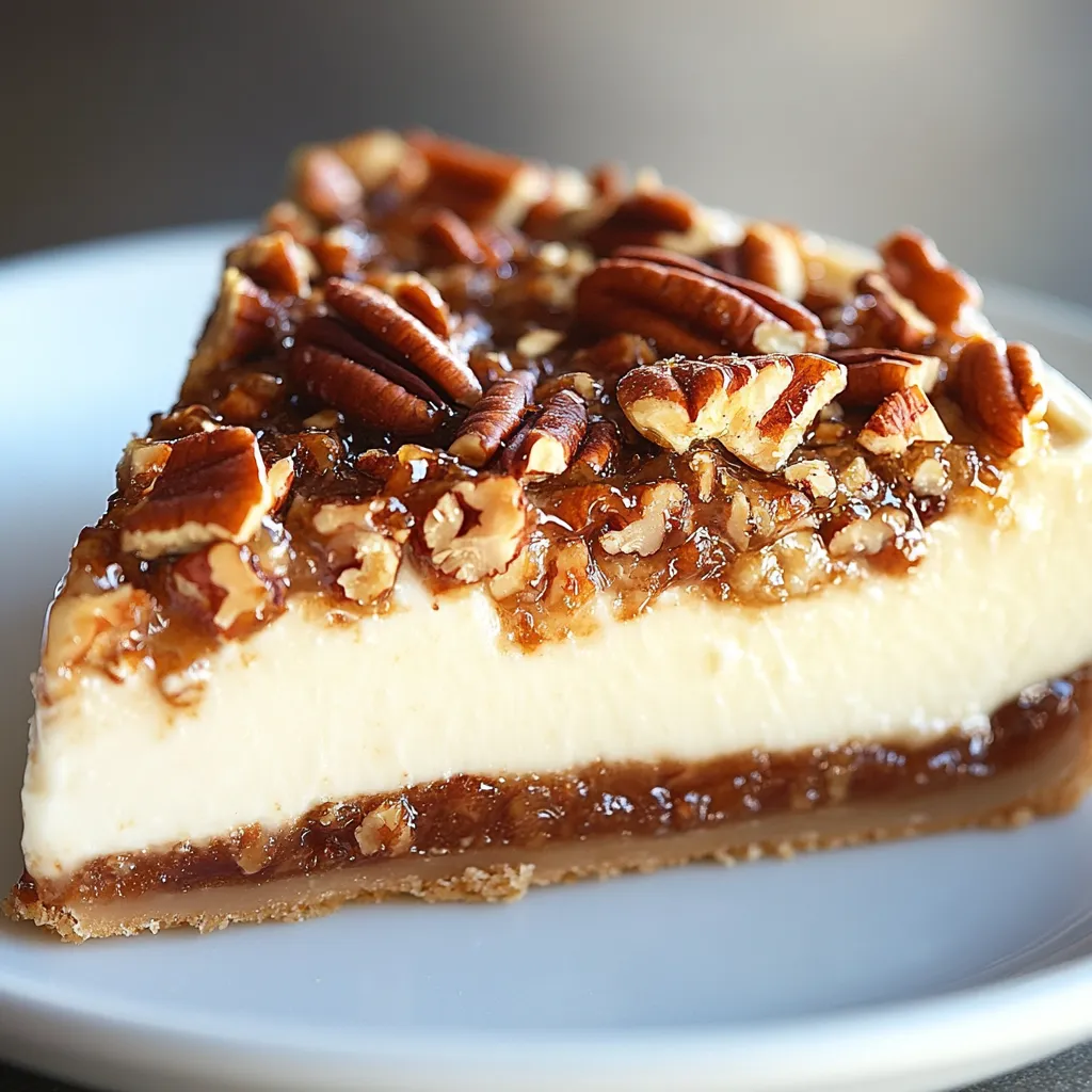 The Pecan Pie Cheesecake Delight is a sumptuous dessert that perfectly marries the creamy richness of traditional cheesecake with the sweet, nutty flavor of pecan pie. This delightful combination features three distinct layers: a crunchy graham cracker crust, a creamy cheesecake filling, and a luscious pecan topping. With its appealing textures and rich flavors, this dessert tantalizes the taste buds and creates an experience that is both comforting and indulgent. It is ideal for gatherings and special occasions, making a stunning centerpiece while adding a touch of elegance to any dessert table.