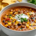 The Creamy Beef Taco Soup Delight is a comforting dish that encapsulates the robust flavors of taco night in a delightful and soothing soup format. This recipe invites you to enjoy a medley of rich, savory ingredients that come together to create a warm bowl of heartiness. It’s a dish that is perfect for family gatherings, cozy evenings at home, or even a quick weeknight meal. With its creamy texture and inviting aroma, this soup is sure to satisfy with each spoonful.