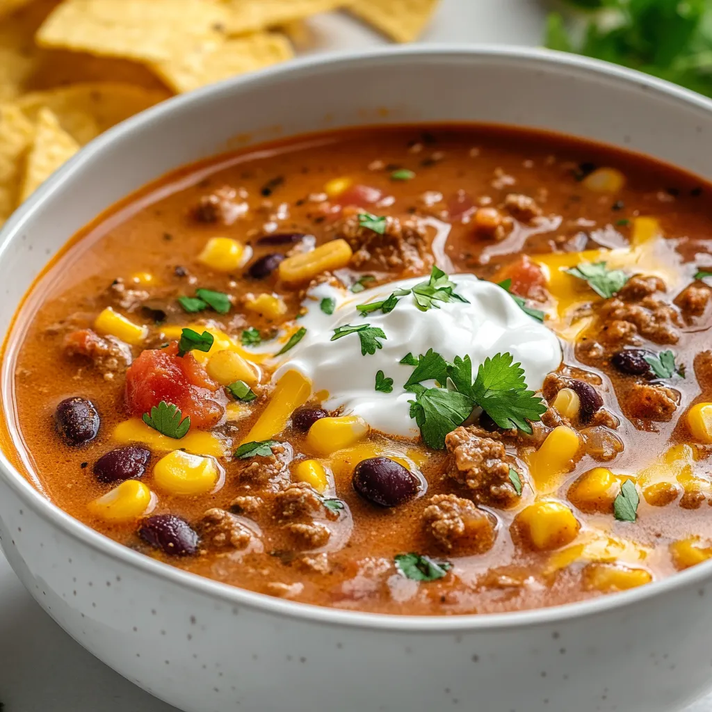 The Creamy Beef Taco Soup Delight is a comforting dish that encapsulates the robust flavors of taco night in a delightful and soothing soup format. This recipe invites you to enjoy a medley of rich, savory ingredients that come together to create a warm bowl of heartiness. It’s a dish that is perfect for family gatherings, cozy evenings at home, or even a quick weeknight meal. With its creamy texture and inviting aroma, this soup is sure to satisfy with each spoonful.