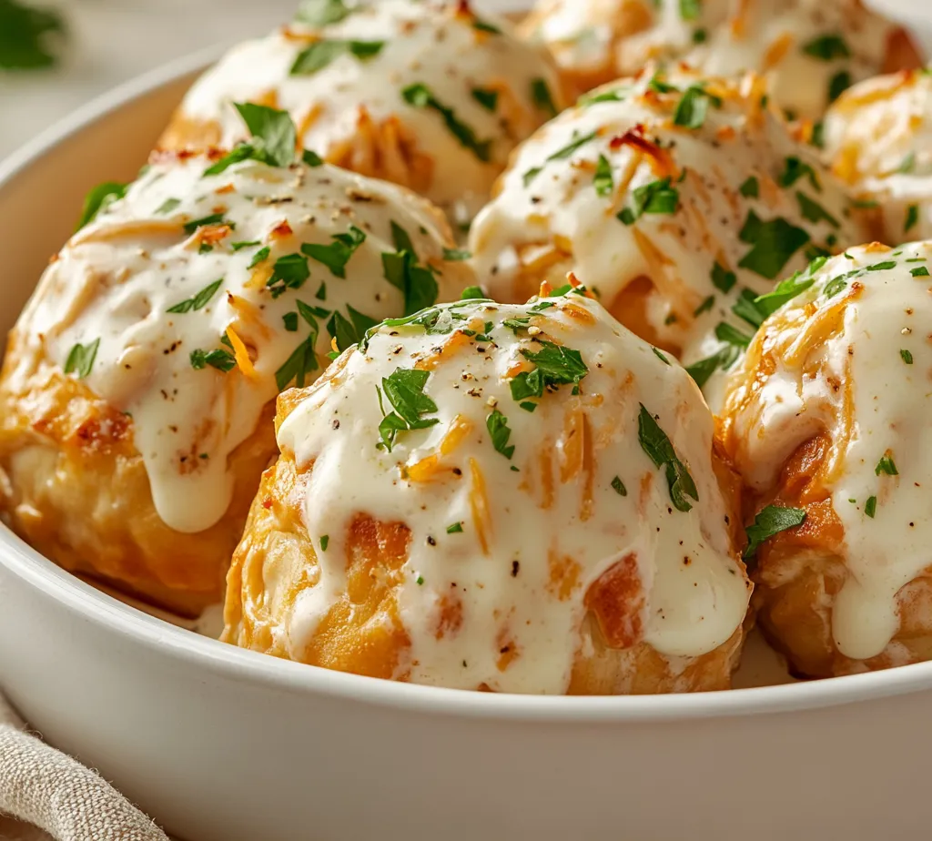 The comforting fusion of shredded chicken and creamy cheese tucked into golden crescent rolls makes Chicken Pillows an irresistible dish. This delectable recipe not only satisfies hunger but also provides a delightful culinary experience, perfect for any occasion. Each bite delivers a satisfying crunch from the flaky crescent roll dough, while the creamy chicken filling offers rich flavors enhanced by aromatic herbs and spices. When paired with a luxurious creamy Parmesan sauce, these pillows promise layers of flavor and texture that are sure to impress family and friends alike.
