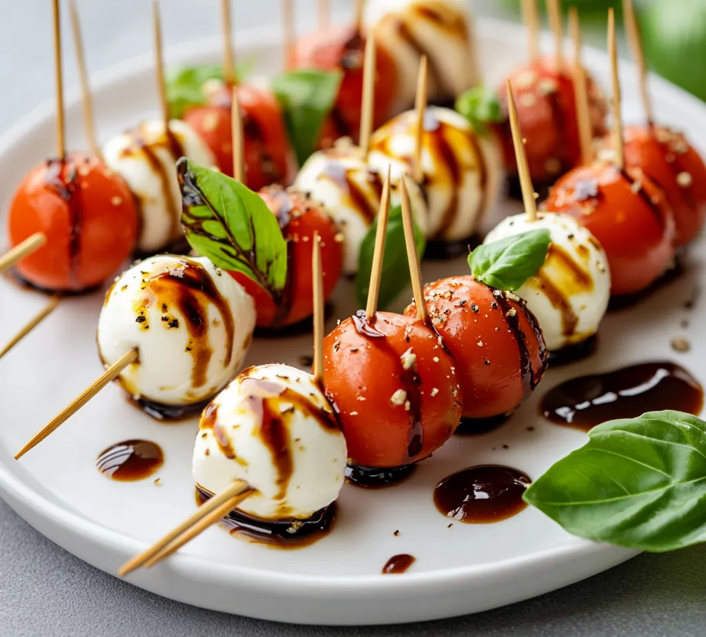 Mini Caprese Skewers with Balsamic Glaze are an exquisite blend of flavors, perfect for any social gathering. Combining the freshness of cherry tomatoes, the creaminess of fresh mozzarella, and the aromatic essence of basil, this dish offers a delightful bite-sized experience. The skewers are not only visually appealing but also come together quickly in just 15 minutes, making them an ideal choice for both casual get-togethers and elegant events.