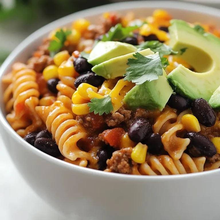 Taco Pasta Fiesta Delight combines the festive and robust flavors of traditional tacos with the hearty comfort of pasta, making for a truly unique dish. This culinary creation is not just a feast for the taste buds—it also incorporates a variety of nutritious ingredients such as lean protein, vibrant vegetables, and rich cheese, making it a well-rounded meal. Whether you're hosting a family dinner or simply preparing a quick weeknight meal, this dish fits the bill perfectly, delivering both nourishment and satisfaction for everyone at the table.