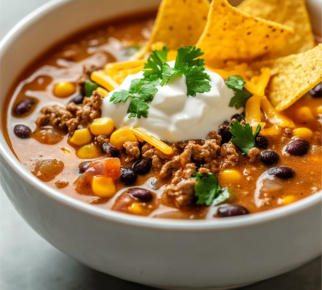 The Creamy Beef Taco Soup Delight is a comforting dish that encapsulates the robust flavors of taco night in a delightful and soothing soup format. This recipe invites you to enjoy a medley of rich, savory ingredients that come together to create a warm bowl of heartiness. It’s a dish that is perfect for family gatherings, cozy evenings at home, or even a quick weeknight meal. With its creamy texture and inviting aroma, this soup is sure to satisfy with each spoonful.