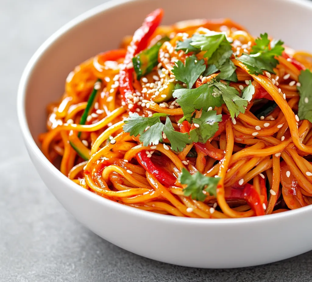 Spicy Gochujang Noodles Delight embodies a vibrant culinary experience that marries the rich flavors of Korean cuisine with the comforting essence of noodle dishes. With its delightful heat from gochujang, this dish is a feast for spice enthusiasts and a perfect representation of flavors that can be harmonious yet bold. It leverages healthful ingredients, primarily vegetables and noodles, making it a quick yet nutritious meal option that can easily suit hurried weeknights or casual gatherings.