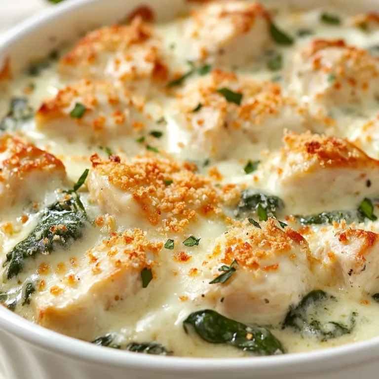 This creamy chicken and spinach casserole is a perfect blend of flavors that come together to create a comforting dish ideal for any occasion. The combination of tender shredded chicken and fresh spinach enveloped in a rich, cheesy sauce offers a tantalizing texture that warms the heart and satisfies the soul. With each bite, the smooth cream cheese and tangy sour cream intermingle beautifully, creating a flavor profile that is both robust and comforting.
