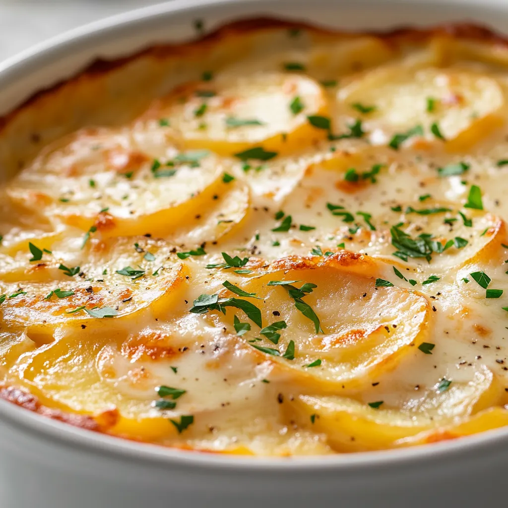 The rich aroma of Cheesy Delight Scalloped Potatoes wafting through the kitchen promises a comforting and indulgent experience for any dinner. This velvety dish is perfect for family gatherings or special occasions, combining the hearty earthiness of russet potatoes with the bold flavors of cheddar and Parmesan cheeses. Each bite delivers a satisfying blend of creaminess and sharp cheese, making it an irresistible option for both casual meals and festive feasts.