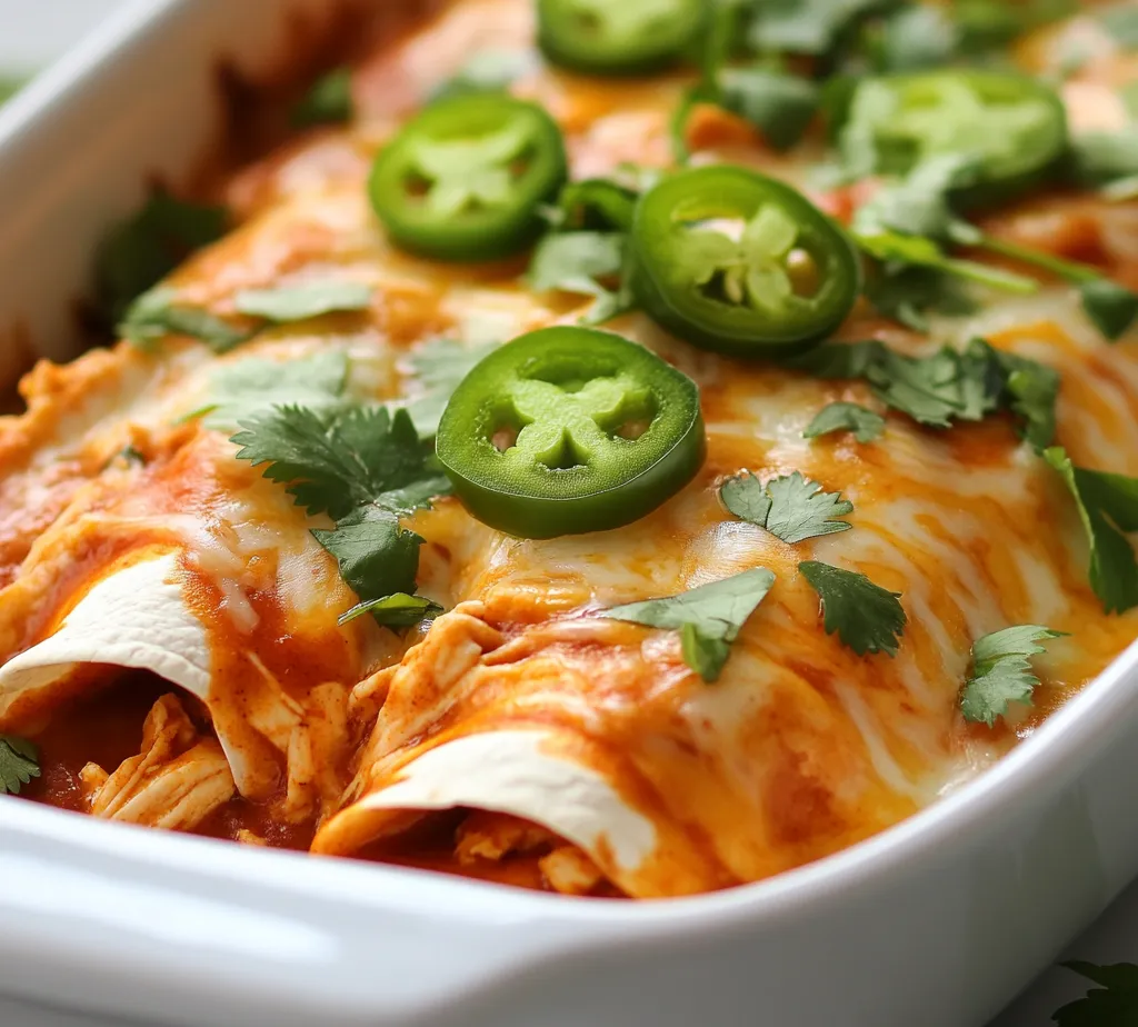 Cheesy Chicken Enchiladas are a delightful dish that brings the vibrant flavors of Mexican cuisine right to your kitchen. Renowned for their creamy texture and rich flavor profile, these enchiladas combine tender shredded chicken with a melty cheese filling, all encased in soft corn tortillas. The beauty of this dish lies not just in its flavor, but also in its home-cooked appeal, making it an ideal meal for family gatherings or weeknight dinners alike.
