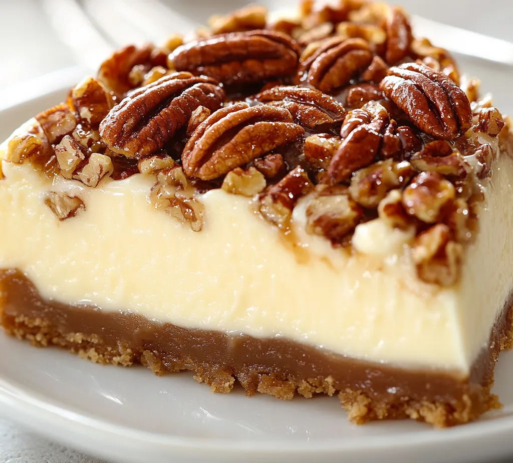 The Pecan Pie Cheesecake Delight is a sumptuous dessert that perfectly marries the creamy richness of traditional cheesecake with the sweet, nutty flavor of pecan pie. This delightful combination features three distinct layers: a crunchy graham cracker crust, a creamy cheesecake filling, and a luscious pecan topping. With its appealing textures and rich flavors, this dessert tantalizes the taste buds and creates an experience that is both comforting and indulgent. It is ideal for gatherings and special occasions, making a stunning centerpiece while adding a touch of elegance to any dessert table.