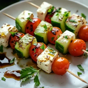Exploring the delightful world of appetizers, Feta and Cucumber Skewers offer a refreshing blend of flavors and colors. This dish is perfect for summer gatherings, picnics, or even as a healthy snack. The combination of creamy feta cheese, crunchy cucumber, juicy cherry tomatoes, and vibrant red bell pepper creates an irresistible treat that is not only satisfying but also visually appealing. The freshness of the vegetables combined with the tangy feta provides an exquisite taste that tantalizes the palate, making these skewers an excellent option for entertaining guests or simply enjoying a light meal.