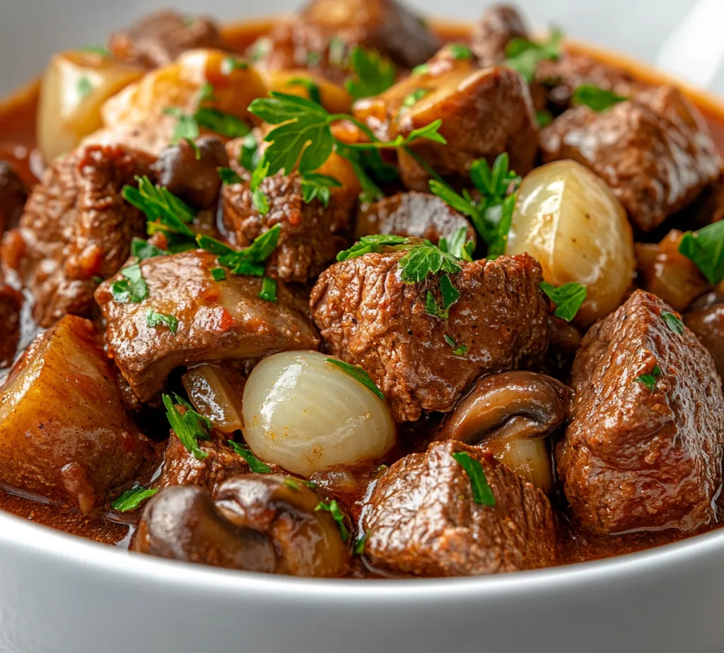 Beef Bourguignon, a classic French dish, has enchanted food lovers across the globe. This rich, hearty stew features tender pieces of beef cooked slowly in a beautiful red wine sauce, resulting in a depth of flavor that transports you straight to the kitchens of Burgundy. The marriage of beef, aromatic vegetables, and fragrant herbs creates a comforting meal that is perfect for chilly evenings or special gatherings. Its luxurious taste paired with an inviting aroma makes it a true delight for any occasion.
