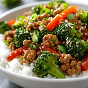Savory Ground Chicken and Broccoli Stir-Fry Delight is a quick and nutritious dish that perfectly marries convenience with flavor. This recipe features tender ground chicken combined with vibrant broccoli florets and crisp red bell peppers, all coated in a delicious sauce. The result is a colorful and satisfying meal that is perfect for busy weeknights or whenever you're craving something healthy without sacrificing taste.