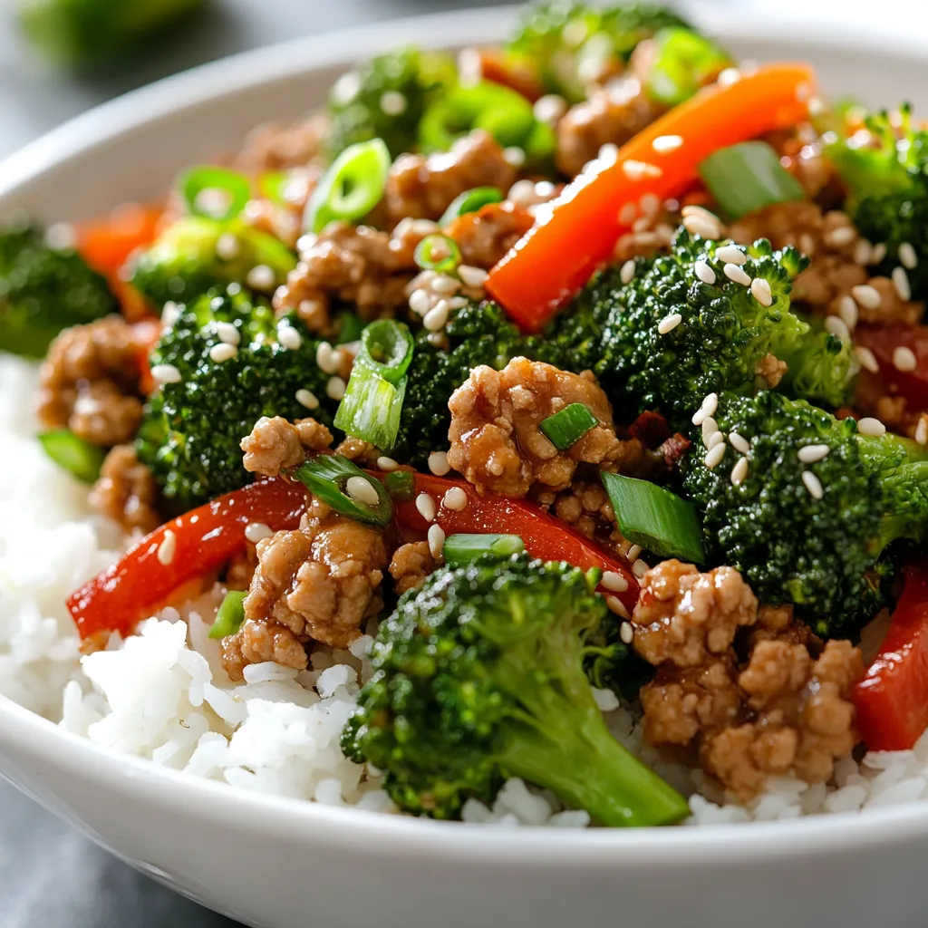 Savory Ground Chicken and Broccoli Stir-Fry Delight is a quick and nutritious dish that perfectly marries convenience with flavor. This recipe features tender ground chicken combined with vibrant broccoli florets and crisp red bell peppers, all coated in a delicious sauce. The result is a colorful and satisfying meal that is perfect for busy weeknights or whenever you're craving something healthy without sacrificing taste.
