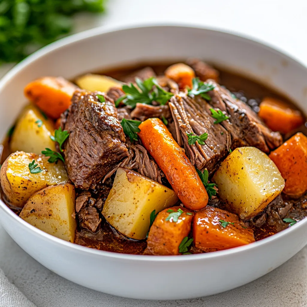 Exploring the comforting essence of a classic chuck roast, this melt-in-your-mouth crock pot recipe captures the heartiness and flavor that resonates with home-cooked meals. The slow cooking method not only tenderizes the meat but also allows the rich flavors of the herbs and vegetables to meld beautifully, creating a dish perfect for any occasion. This recipe embodies a warm, cozy experience that can transform an ordinary dinner into a memorable family gathering.