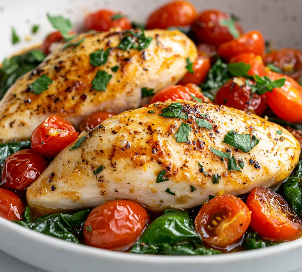 The Lemon Garlic Chicken Skillet Sensation is a delightful dish that brings together zesty lemon flavors, aromatic garlic, and tender chicken breasts, all cooked perfectly in one skillet. This recipe is not only quick and easy, but it also boasts a vibrant medley of fresh vegetables, making it a wholesome choice for any weeknight dinner. The tender chicken, paired with the freshness of spinach and the sweetness of cherry tomatoes, creates a harmonious balance of flavors that will tantalize your taste buds.