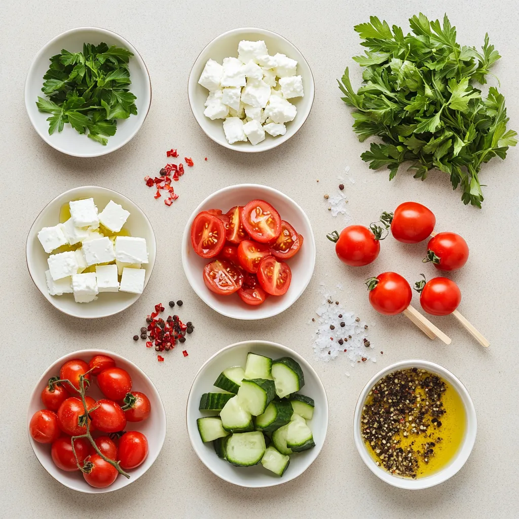 Exploring the delightful world of appetizers, Feta and Cucumber Skewers offer a refreshing blend of flavors and colors. This dish is perfect for summer gatherings, picnics, or even as a healthy snack. The combination of creamy feta cheese, crunchy cucumber, juicy cherry tomatoes, and vibrant red bell pepper creates an irresistible treat that is not only satisfying but also visually appealing. The freshness of the vegetables combined with the tangy feta provides an exquisite taste that tantalizes the palate, making these skewers an excellent option for entertaining guests or simply enjoying a light meal.