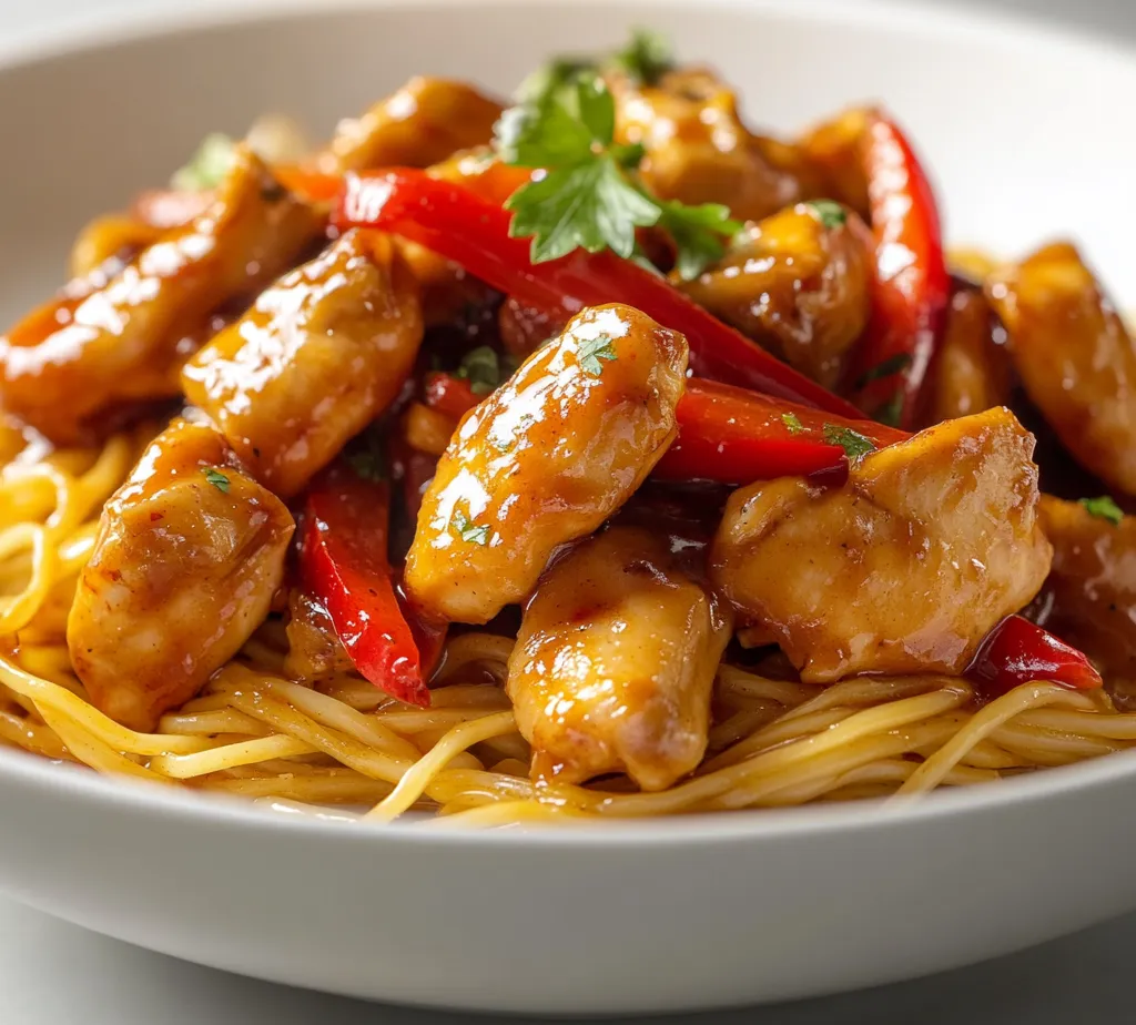 Savory sticky garlic chicken noodles present a delightful fusion of flavors and textures that work together to create a satisfying meal. This dish is an ideal option for a quick weeknight dinner or a flavorful weekend feast. With its tender chicken, al dente egg noodles, and a rich garlic-ginger sauce, this recipe will have your taste buds dancing in delight. The savory aspects of the dish, complemented by a subtle sweetness from honey and a hint of acidity from rice vinegar, create a well-balanced flavor profile.