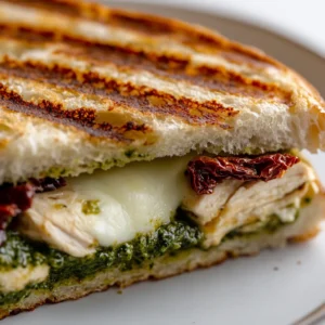 The Chicken Pesto Panini Delight is a simple yet delectable meal that encapsulates the essence of Italian cuisine. Combining tender chicken breast with vibrant basil pesto, this panini is a taste explosion wrapped between two slices of perfectly toasted ciabatta bread. The robust flavors of sun-dried tomatoes and rich mozzarella cheese meld beautifully, making each bite a satisfying experience. It's a quintessential lunch option, offering a gourmet feel without the fuss; ideal for anyone craving a quick yet flavorful meal.