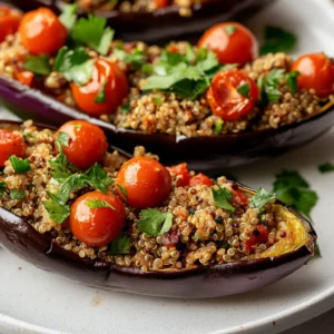 This Quinoa-Stuffed Eggplant Delight is a nutritious and vibrant main dish that combines Mediterranean flavors with a healthy twist. The dish is visually appealing, with stunning purple eggplants cut in half, revealing a colorful stuffing made from quinoa and fresh vegetables. Each bite is a delightful mix of textures and tastes, making it suitable for both vegetarians and meat-lovers alike.