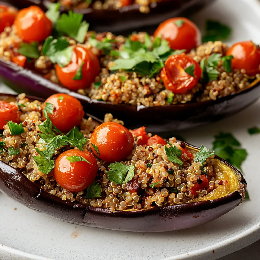 This Quinoa-Stuffed Eggplant Delight is a nutritious and vibrant main dish that combines Mediterranean flavors with a healthy twist. The dish is visually appealing, with stunning purple eggplants cut in half, revealing a colorful stuffing made from quinoa and fresh vegetables. Each bite is a delightful mix of textures and tastes, making it suitable for both vegetarians and meat-lovers alike.
