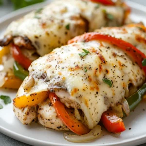 Philly Cheesesteak Stuffed Chicken Breasts bring together the beloved flavors of a classic cheesesteak in a satisfying and hearty chicken dish. This recipe blends tender chicken with juicy ribeye steak, sautéed vegetables, and melted provolone cheese for a mouthwatering experience. Perfect for a cozy dinner, this dish is easy to prepare and delights with its savory profile. Imagine biting into a juicy chicken breast filled with a decadent mixture of flavorful steak, vibrant peppers, and gooey cheese — it's comfort food at its finest.