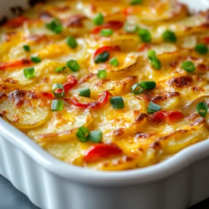 The Cheesy Potato and Egg Bake Delight is a sumptuous breakfast dish that embodies the comforting flavors of American cuisine. This recipe is perfect for weekend brunch gatherings or as a hearty start to your day. With its creamy, cheesy goodness and vibrant veggies, it promises to please the palate of both kids and adults alike. The combination of fluffy eggs, tender potatoes, and the sharpness of cheddar cheese creates a delightful experience that will linger in your memory long after the last bite. This casserole invites you to gather around the table, savoring each slice, all while providing warmth and satisfaction to hungry diners.