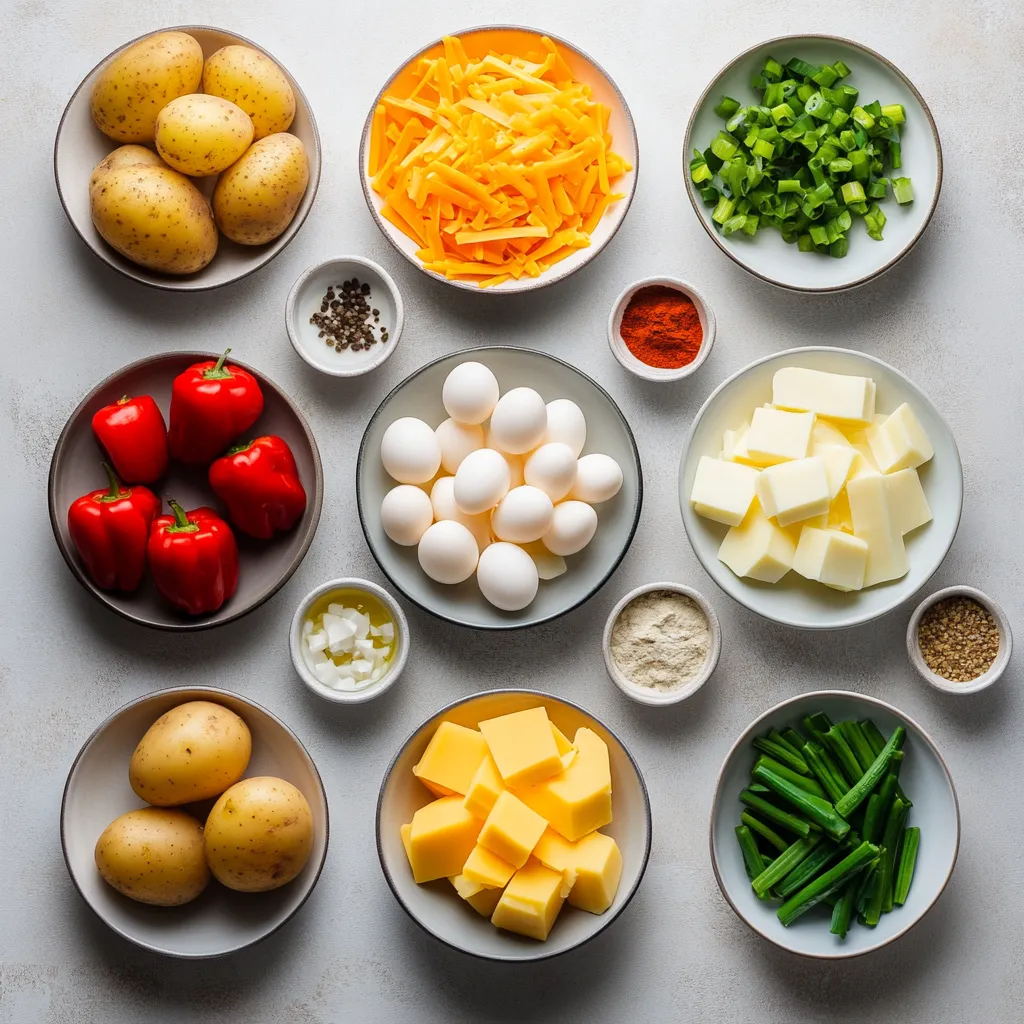 The Cheesy Potato and Egg Bake Delight is a sumptuous breakfast dish that embodies the comforting flavors of American cuisine. This recipe is perfect for weekend brunch gatherings or as a hearty start to your day. With its creamy, cheesy goodness and vibrant veggies, it promises to please the palate of both kids and adults alike. The combination of fluffy eggs, tender potatoes, and the sharpness of cheddar cheese creates a delightful experience that will linger in your memory long after the last bite. This casserole invites you to gather around the table, savoring each slice, all while providing warmth and satisfaction to hungry diners.