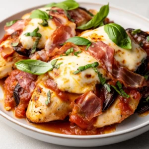 Sizzling Chicken Sorrentino is a delightful Italian main course that perfectly balances flavor and texture. This dish features succulent chicken breasts layered with flavorful prosciutto and sautéed eggplant, all topped with marinara sauce and melting mozzarella cheese. Not only does it offer a burst of flavors with every bite, but the harmonious blend of ingredients also adds a visual appeal, making it an attractive centerpiece for any dining table.