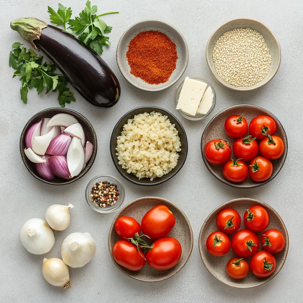 This Quinoa-Stuffed Eggplant Delight is a nutritious and vibrant main dish that combines Mediterranean flavors with a healthy twist. The dish is visually appealing, with stunning purple eggplants cut in half, revealing a colorful stuffing made from quinoa and fresh vegetables. Each bite is a delightful mix of textures and tastes, making it suitable for both vegetarians and meat-lovers alike.