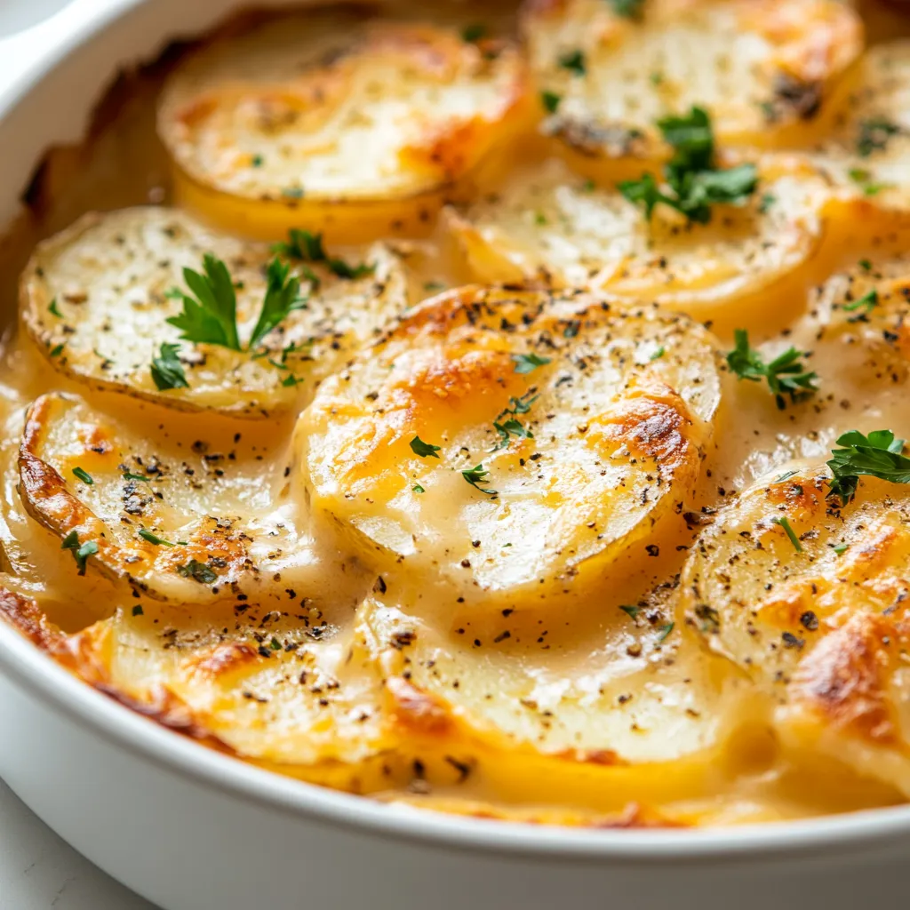 Cheesy Scalloped Potatoes are an ultimate comfort food, beloved for their rich, creamy texture and the irresistibly decadent combination of cheeses. This classic American dish has a way of bringing warmth and joy to any dining table, making it a perfect side dish for family gatherings, holiday feasts, or a cozy weeknight dinner. With each mouthful, the layers of thinly sliced potatoes meld together beneath a luscious, cheesy blanket, creating a delightful experience for the senses.