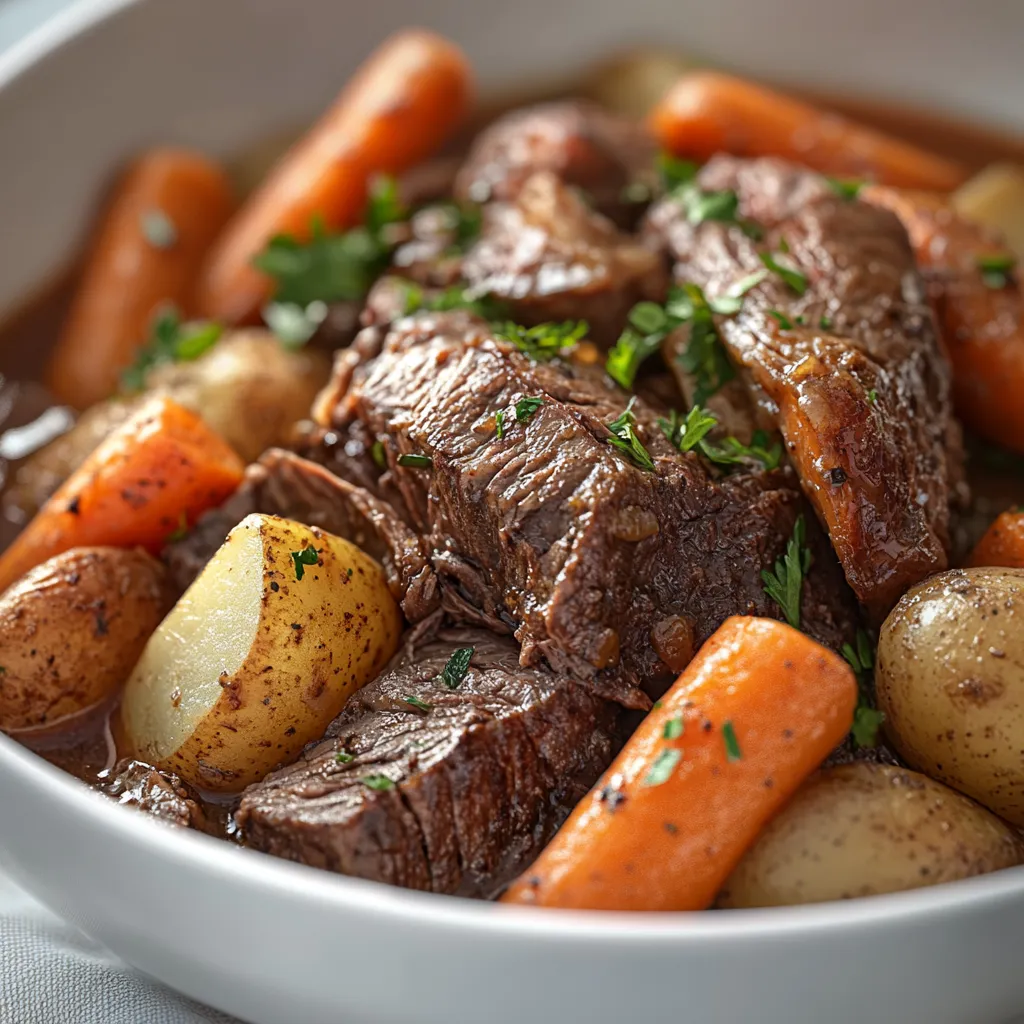 This savory slow cooker pot roast is a quintessential American comfort food that combines tender beef chuck roast with hearty vegetables. As you walk into your home and are greeted by the rich, meaty aroma wafting through the air, it's impossible not to feel a sense of warmth and nostalgia. Slow-cooked dishes like this pot roast are synonymous with family gatherings, holiday celebrations, and cozy weeknight dinners. Its recipe simplicity and robust flavors make pot roast a go-to choice for home cooks of all experience levels.