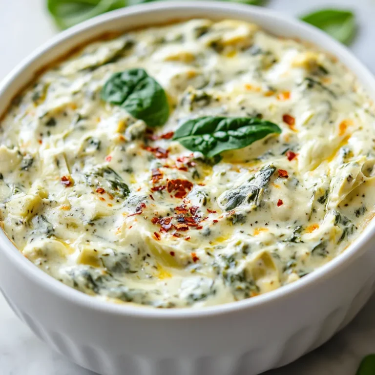 The Creamy Spinach and Artichoke Delight is a classic American appetizer that combines rich flavors and delightful textures to create a dip that is sure to please any crowd. With its creamy consistency, this dip is not only delicious but also an eye-catching addition to your appetizer table. The blend of spinach and artichokes contributes to both flavor and texture, transforming a simple gathering into a gourmet experience.