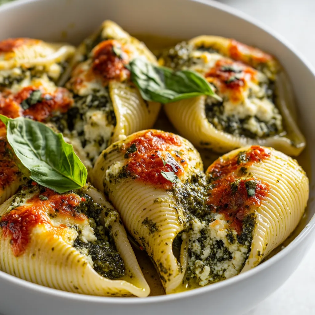 Spinach and ricotta stuffed pasta shells are a delectable Italian main course that combines creamy cheese with fresh spinach, all enveloped in tender pasta and drizzled with vibrant basil pesto sauce. This dish not only tantalizes your taste buds but also serves as a visually impressive centerpiece at any dinner table. The balance of flavors—rich ricotta, savory mozzarella, and aromatic basil—creates a comforting yet sophisticated experience suitable for family dinners or casual gatherings.