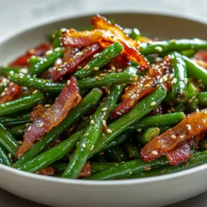 Crispy Bacon Green Beans is an irresistible side dish that combines the freshness of green beans with the savory crunch of bacon. The combination elevates the classic green beans, transforming them from a simple vegetable to a rich and delightful morsel that complements nearly any meal. Each bite delivers a unique experience, balancing the tenderness of the beans with the robust flavor of bacon, creating a dish that's both nutritious and indulgent.