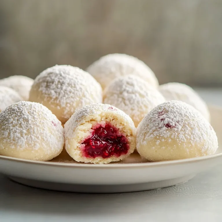Raspberry Filled Almond Snowball Cookies embody the spirit of holiday baking with their delightful burst of raspberry jam encased in a buttery almond cookie. The combination of sweet and tart ensures each bite is a treat, making these cookies a festive favorite. They are simple enough to whip up on a cozy weekend or special family gathering, yet impressive enough to steal the spotlight on any dessert table.